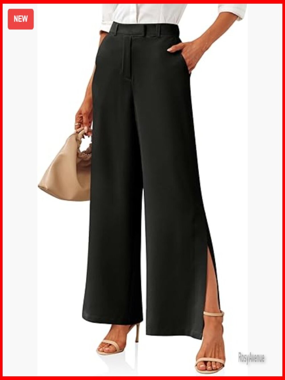 Elastic High Waisted Wide Leg Dress Pants with Side Split Hem & Pockets